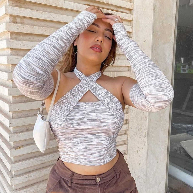 Pinstripe Slim-fit Halterneck Top With Sleeves