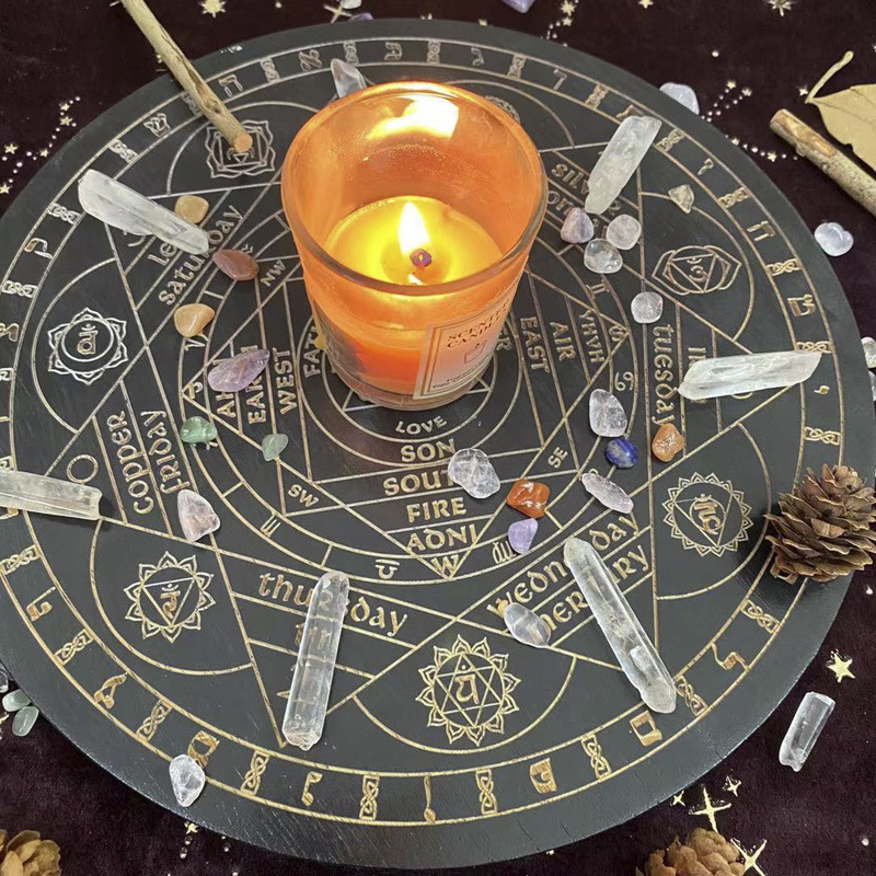 Black seven chakra crystal energy disk oak carved astrolabe