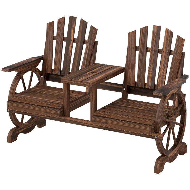 2-Seat Wooden Garden Bench With Table, Umbrella Hole, High Backrest, Armrests For Backyard, Patio, Garden, Carbonized