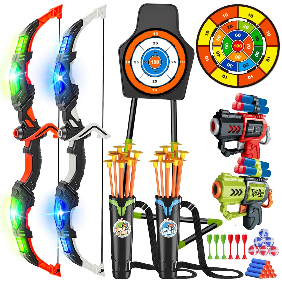 VATOS 2 Pack Bow And Arrow Toy With LED Light-4 In 1 Archery & Dart Game Set With 20 Suction Cup Arrows, Shark Glow Target & Dart Board - Indoor Outdoor Birthday Gift For Kids Boys Girls Ages 5-12