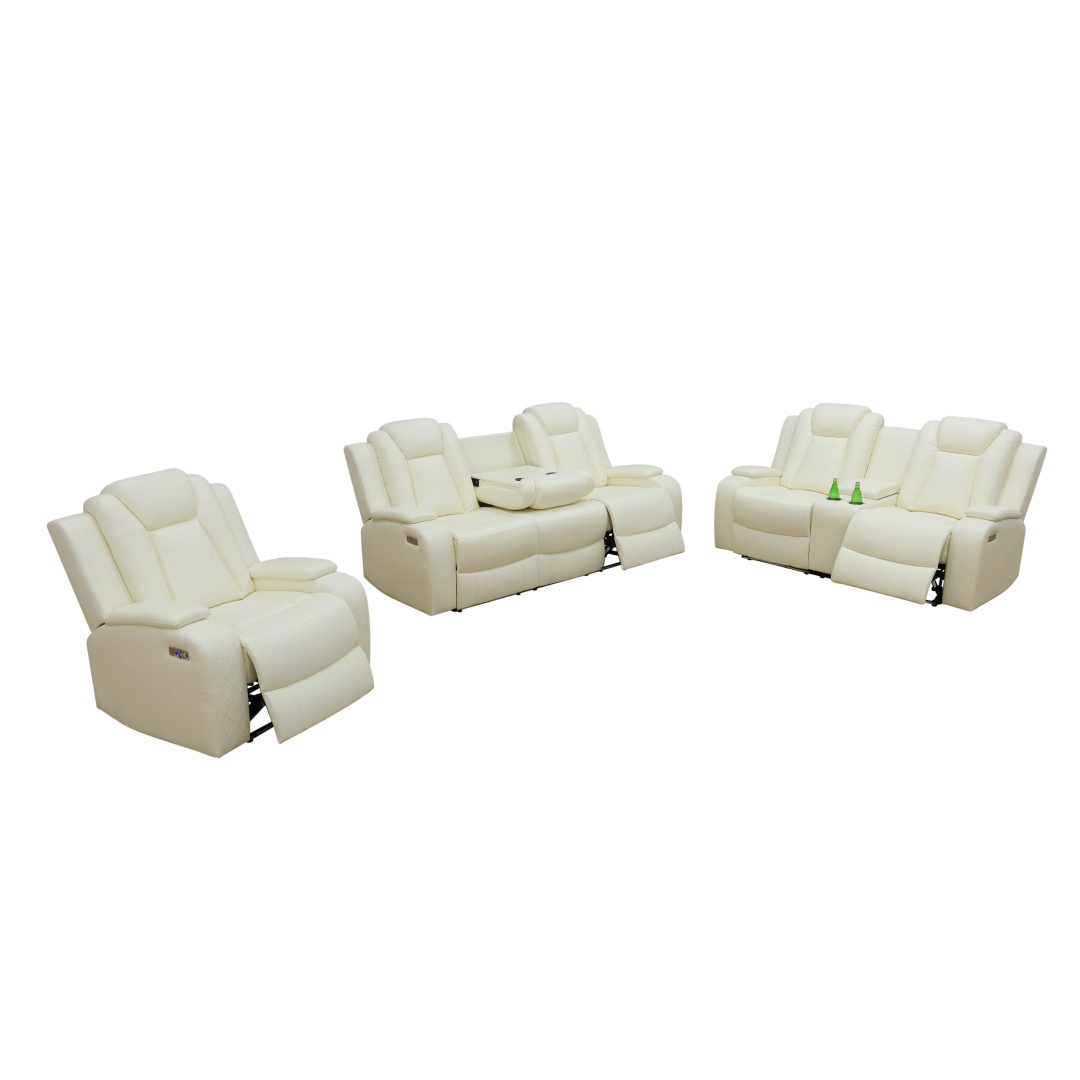 Pickup Only--White Breathing Leather 3-Piece Living Room Recliner Sofa Set
