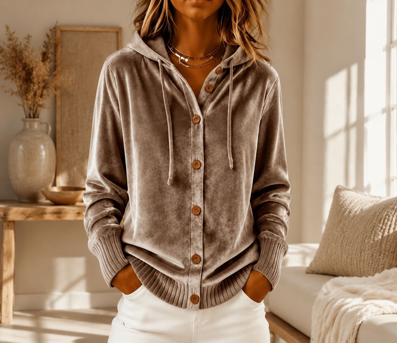 Women Vintage Velvet Hoodie Long Sleeve Button Front Drawstring Hooded Shirt Ribbed Cuffs Casual Daily Blouse