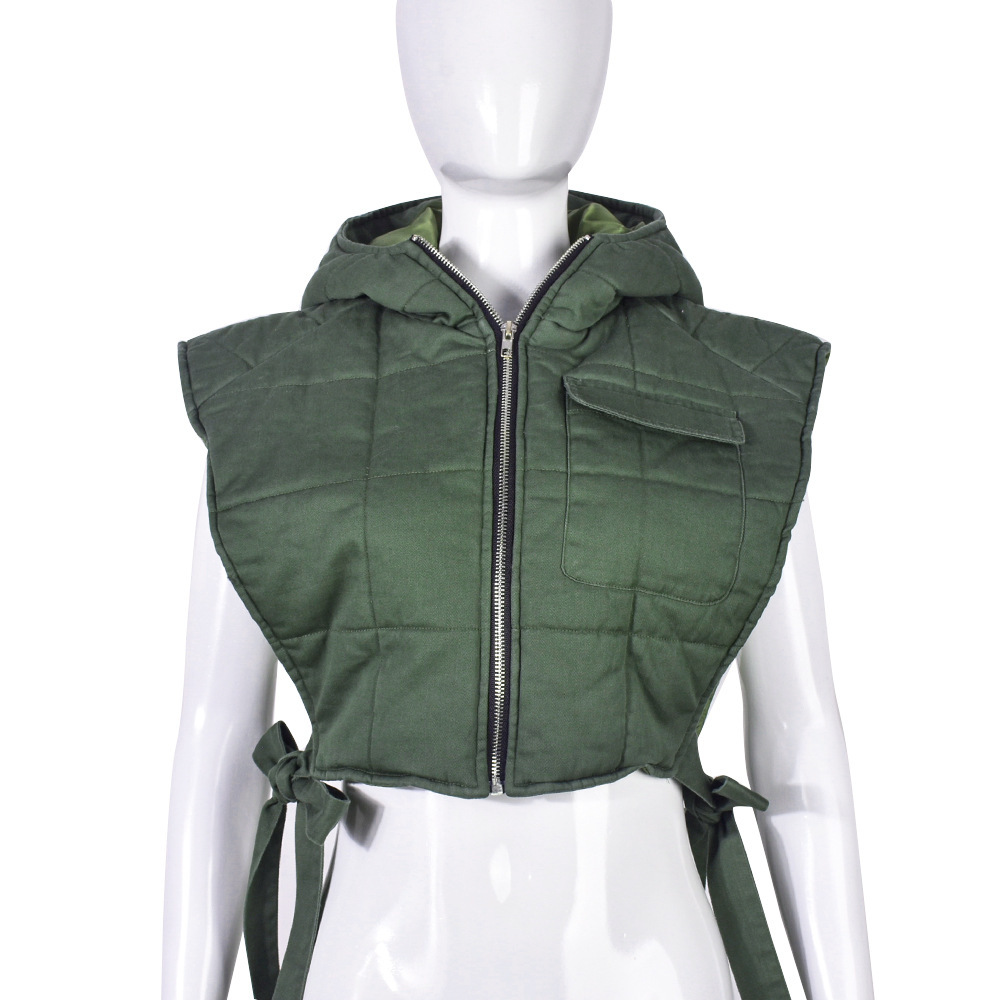 Women's New Denim Filled Cotton Hollowed Out Binding Hooded Trend Vest Green - Shop at LoveMi