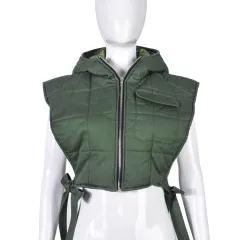 Women's New Denim Filled Cotton Hollowed Out Binding Hooded Trend Vest - Green - View 1