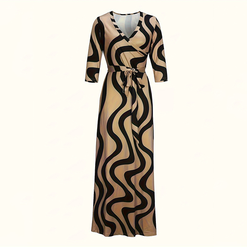 Women's Summer Geometric Print Maxi Dresses Casual 3 4 Sleeve V-Neck Tie Waist Long Dress - Image 1