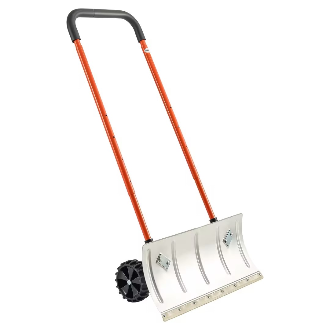 Heavy Duty Wheeled Hand Push Snow Pusher Plow, Adjustable Length Steel Handle Metal Snow Shovel With Replacement Rubber Blade Edge, Manual Driveway Patio Sidewalk Snow Removal Tool
