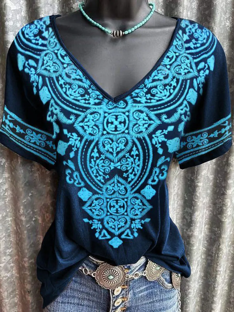 Women's Bohemian Print V-Neck Casual Short Sleeve T-Shirt - 7Style-Xl