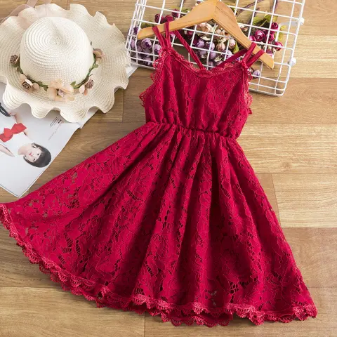 Children's Embroidered Skirt Lace Dress with Suspenders and Beautiful