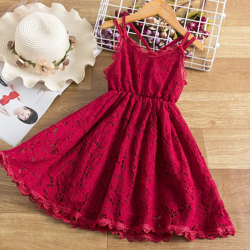 Children's Embroidered Skirt Lace Dress with Suspenders and Beautiful