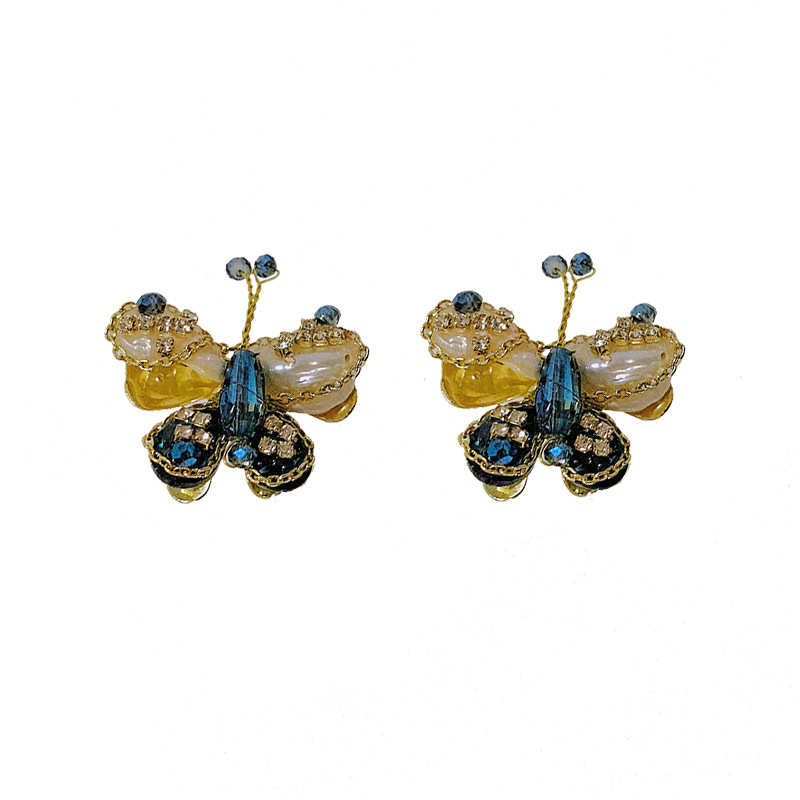 Silver Needle Diamond Blue Butterfly Stud Earrings Korean Design