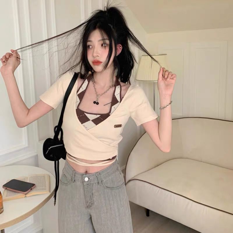 Women's New Bandage Short-sleeved Top Short Halter Vest Set