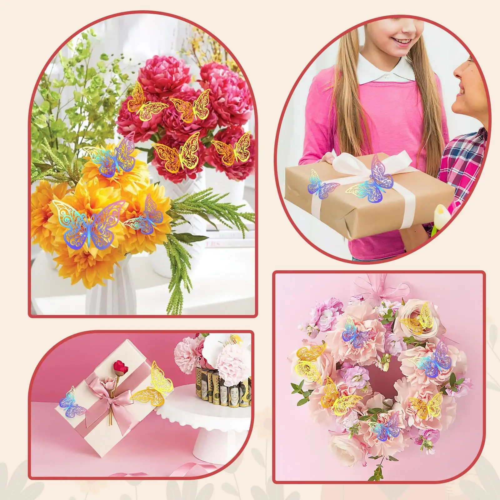 Flower Bouquet Accessories Set 24pcs 3D Hollow Butterflies 2pcs Gold Crowns 2 Tubes Of Sliver Glitter Powder,Mini Crowns For Mothers Day Cake Decoration Flower 