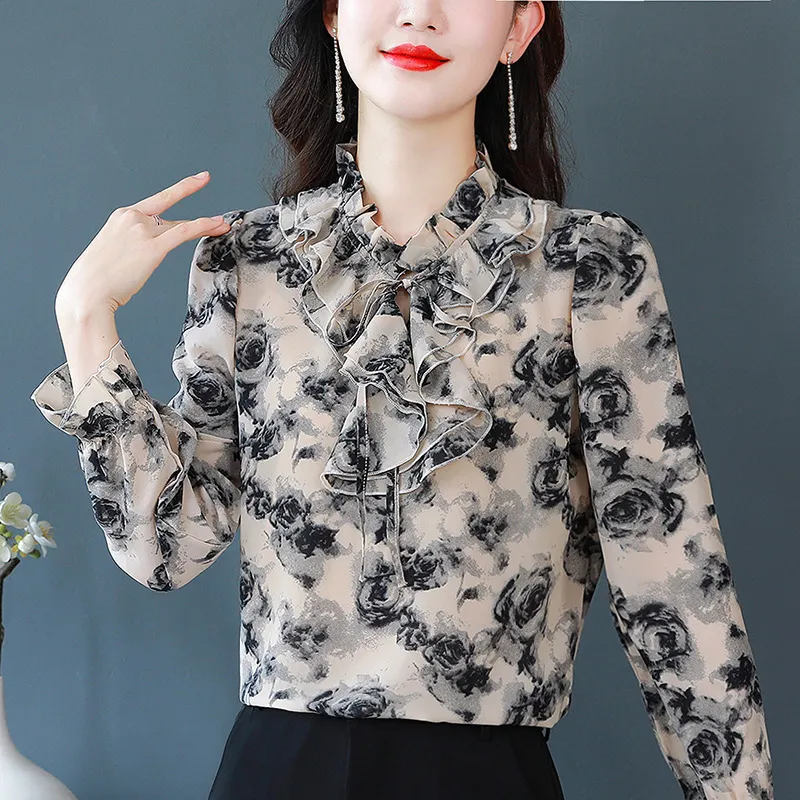 Foreign Style Agaric Ruffle Lace Up Floral Long Sleeved Chiffon Shirt For Women - Black