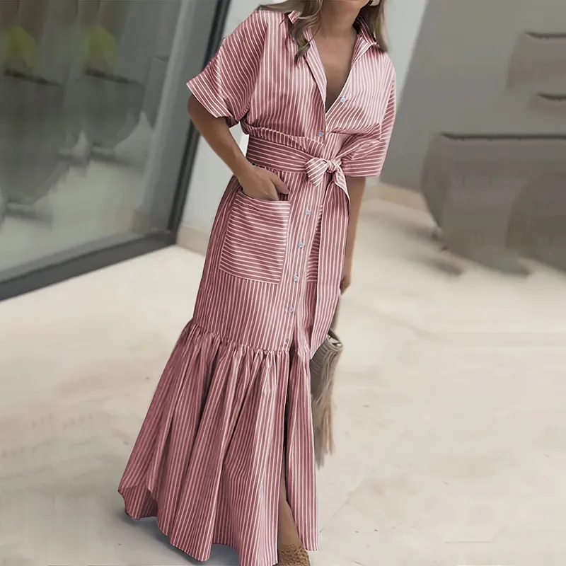 Women's Summer Casual Striped Button Down Maxi Dress Tie Waist Short Sleeve Shirt Dress With Pockets - Red