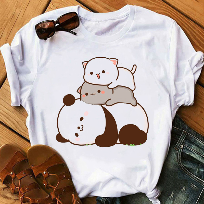 Title 1, Cute Cartoon Cat Print Couple White T-shirt Loo...