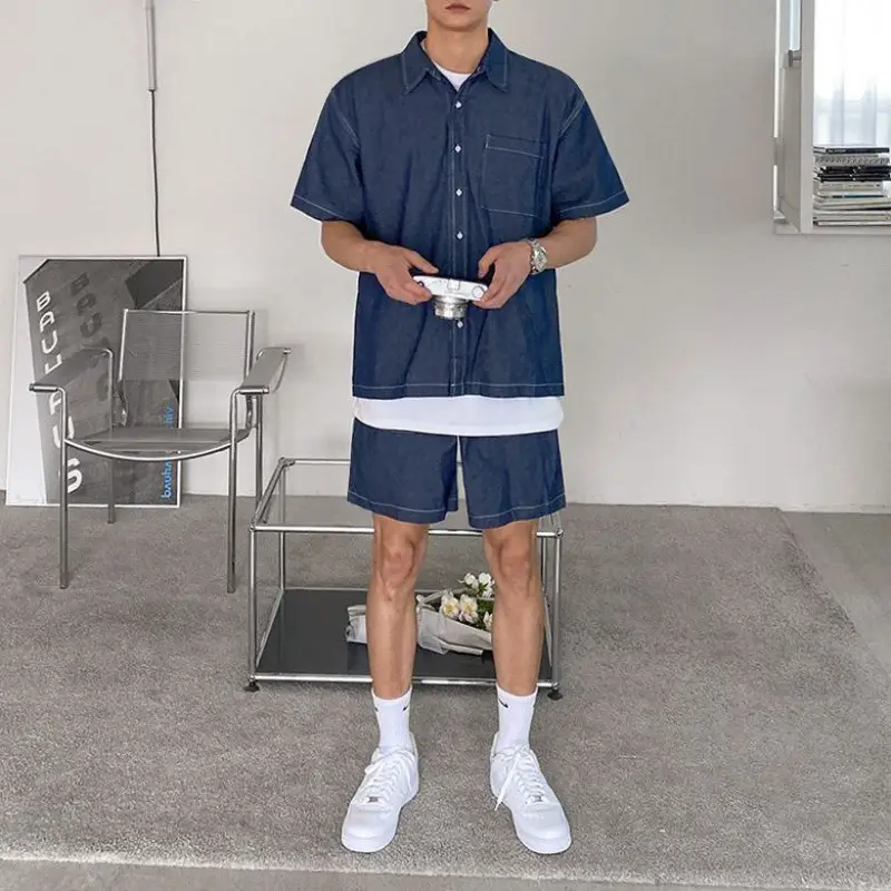 Workwear Short Sleeve Denim Shirt Jacket Men's Denim Shorts