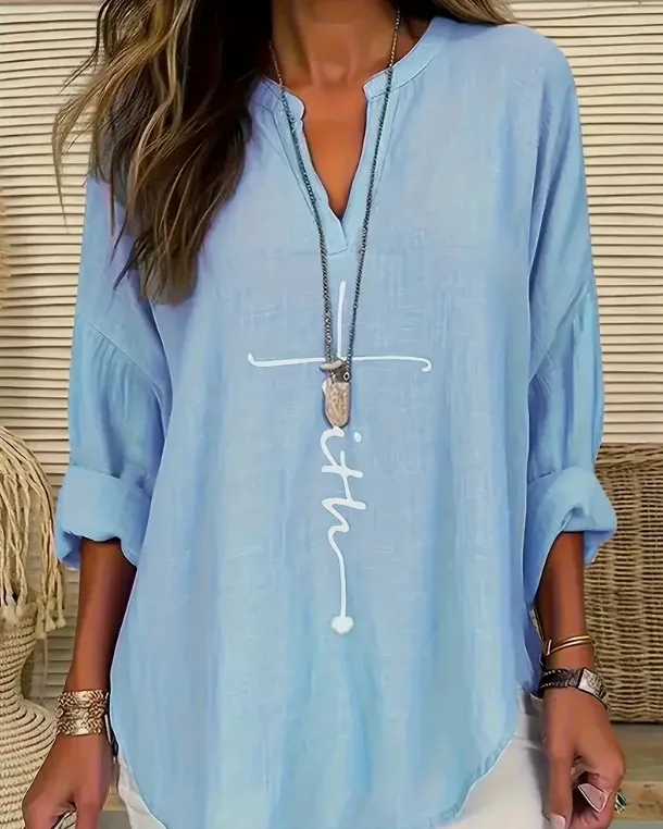 Women'S V Neck Long Sleeve Shirt With Letter Print Blue - Shop at LoveMi