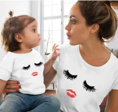Girls Red Lip Print T-shirt Funny Family Collocation - 3 Style - View 1