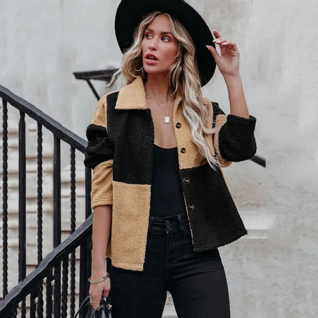 Women's Lapel Contrast Paneled Long Sleeve Woolen Jacket Yellowblack - Shop at LoveMi