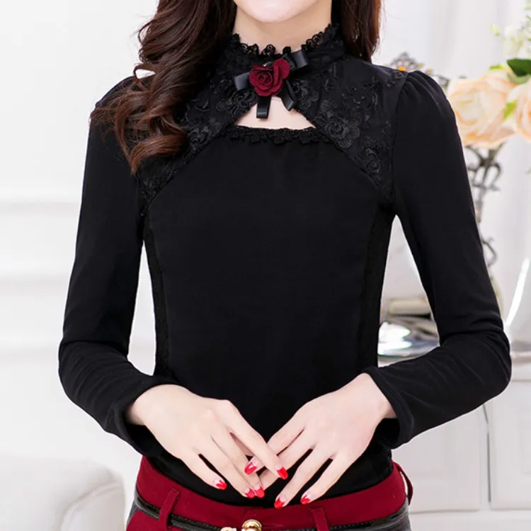 Winter Plus Velvet Thick Lace Bottoming Shirt - Black