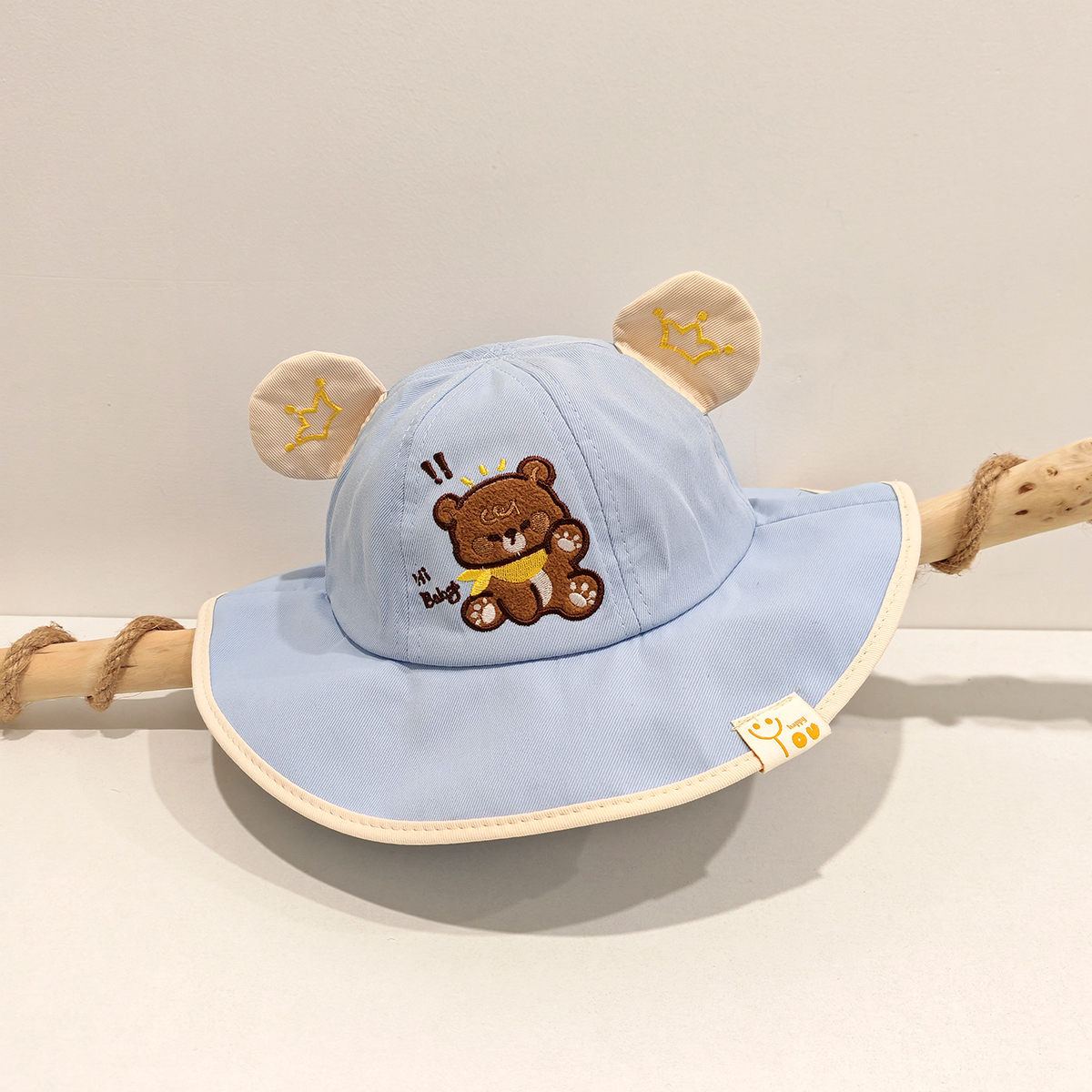Children's Single-color Hemmed Cartoon Bear Pattern Embroidered Casual And Cute Wide-brimmed Fisherman Hat, Suitable For Travel And Outings.