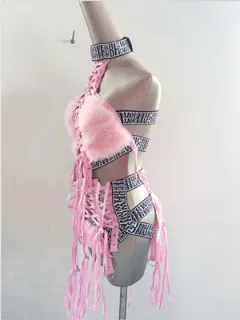 Female Singer Hair Strap Hollow One-piece Suit - Pink - View 1