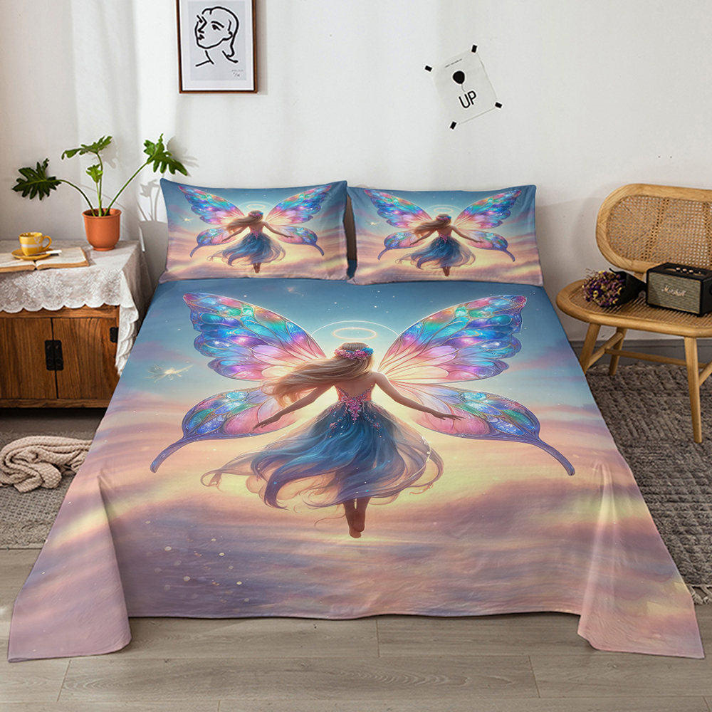 Rainbow Girly 4 Piece Flat Sheets Set, Butterfly Bed Set With 1 Fitted Sheet 1 Flat Sheet 2 Pillowcases, Rainbow