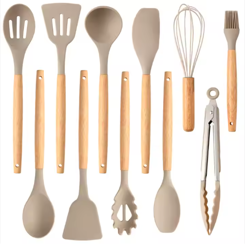 Non-Stick Silicon 12 Pcs Heat Resistant Wooden Handle Kitchen Cooking Utensils Set, Khaki Color — foto 4