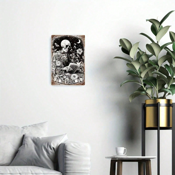 CIFbuy Vintage Retro Skeleton Reading Books Metal Tin Sign, Funny Floral Moon Pattern Rectangular Wall Art, Rectangular Wall Art, Waterproof Rustproof Unfram image 4
