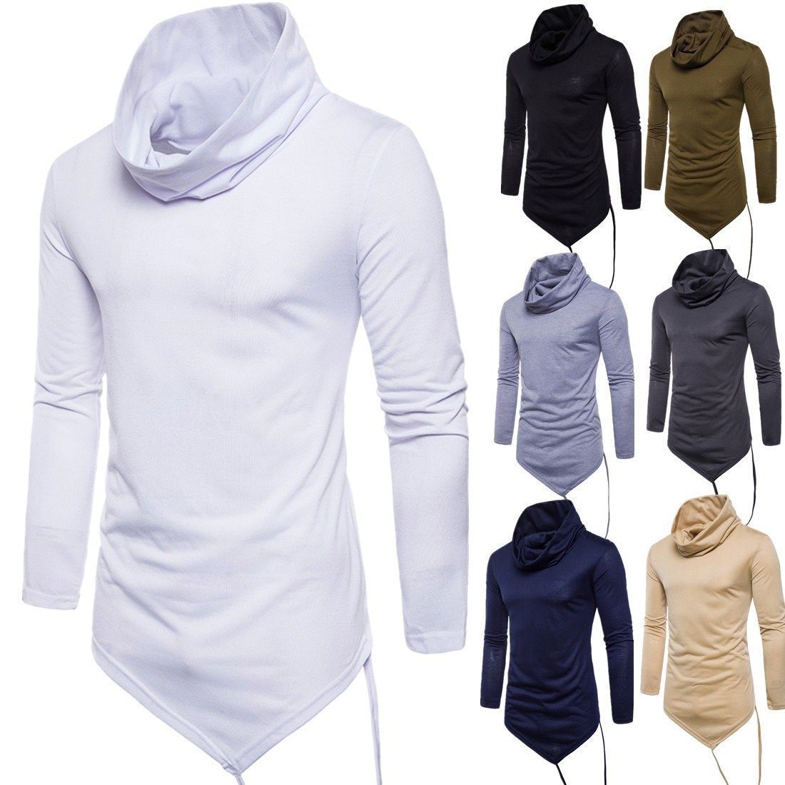 Men's Solid Color Turtleneck Irregular Long Sleeve T-Shirt