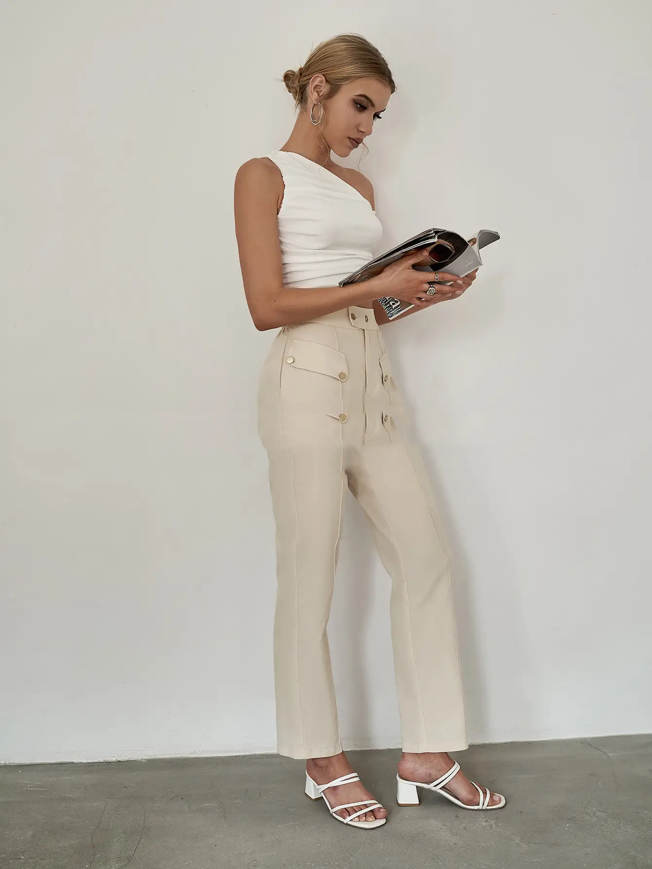 Trousers High Waist Brown Beltless Chinoiserie Straight Leg Pants