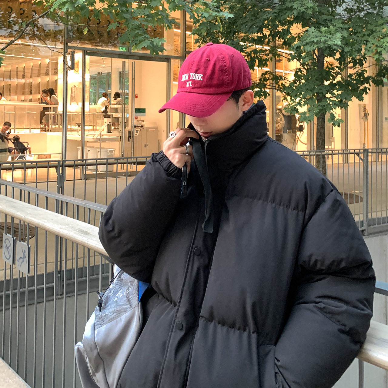 Trendy Men's Solid Color Stand Collar Bread Jacket