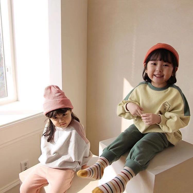 Contrast Color Long Sleeve Boys And Girls Embroidered Animal Sweatshirts Two-Piece Set