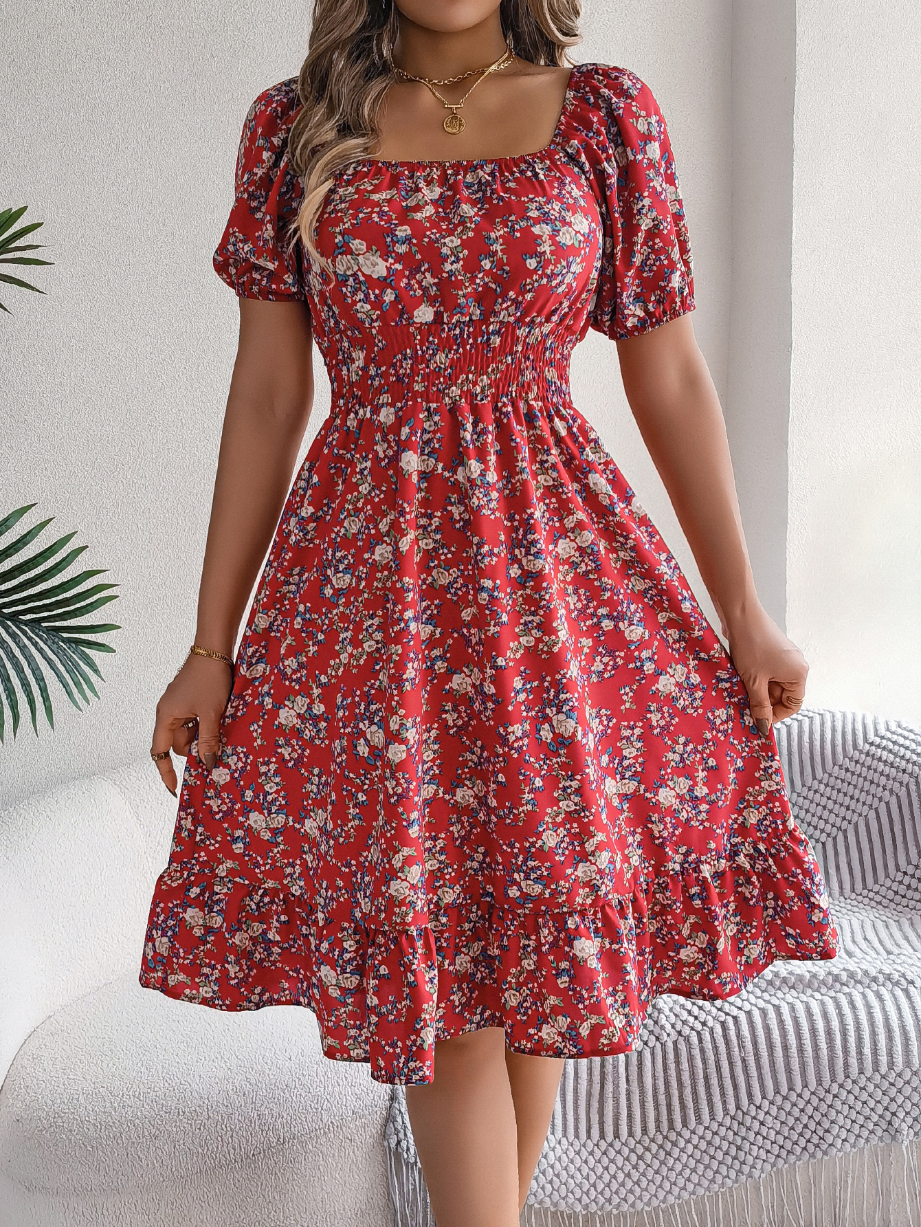 Women's Floral Print Square Neck Short Sleeve Tie Waist Ruffle A-Line Dress