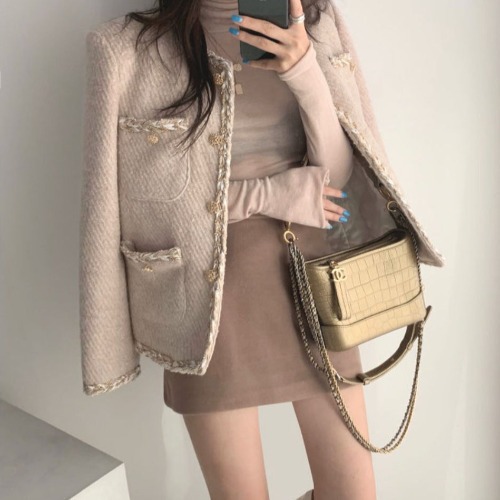 Multi-pocket Single-breasted Tweed Woolen Plus Cotton Padded Jacket