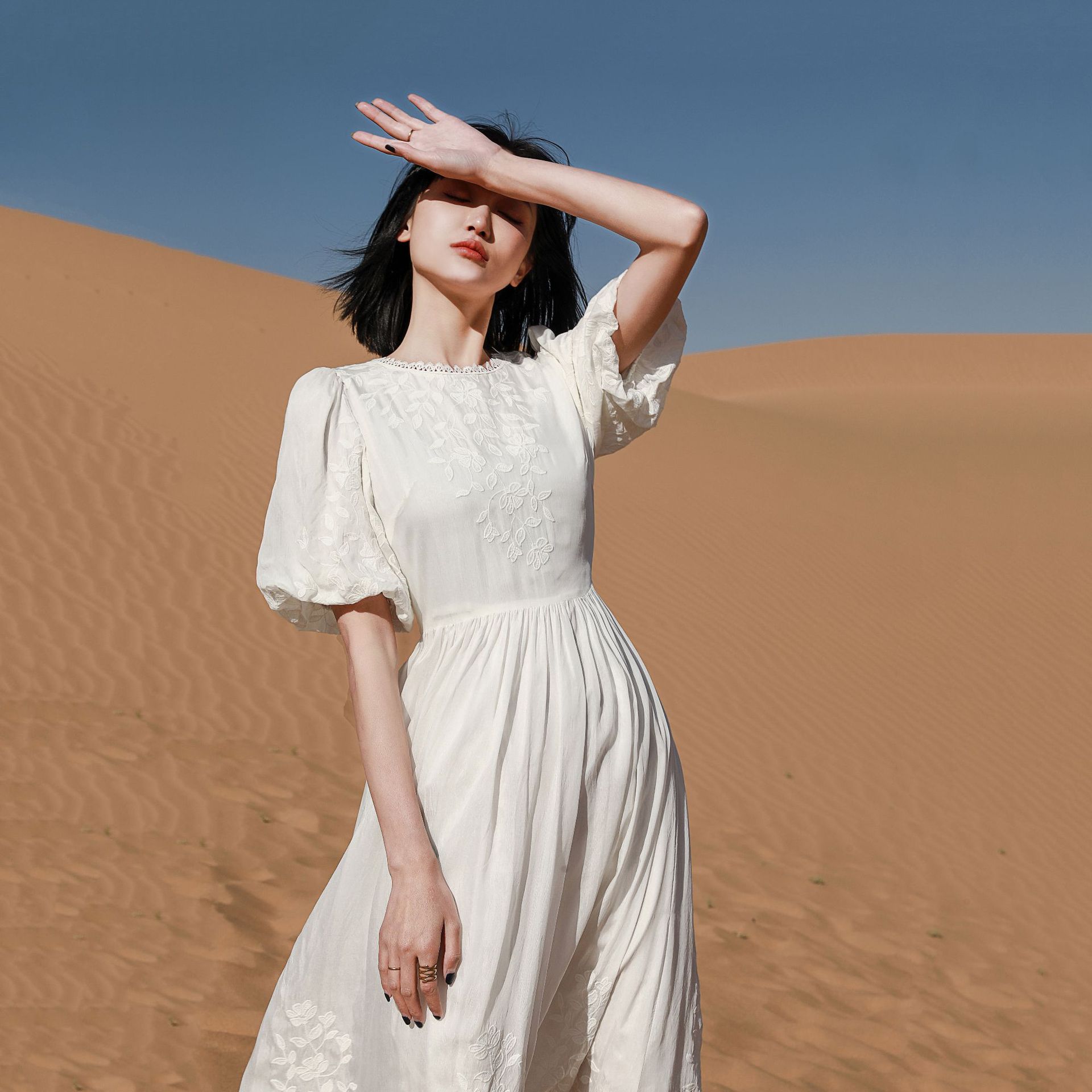 Puff-Sleeve Silk Dress, picture 4 of 5