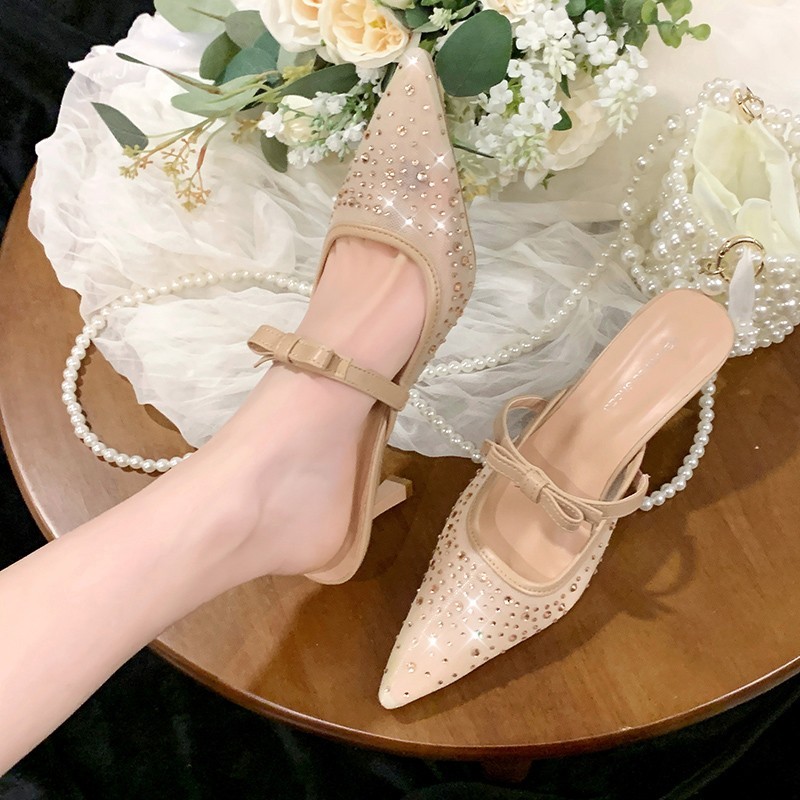 Women Romantic Fairy Sheer Mesh Rhinestone Kitten Heels, Pointed Open Back Slip On Thin Strap Mini Fabric Bow All Over Sparkling Crystals Low Mid Heel
