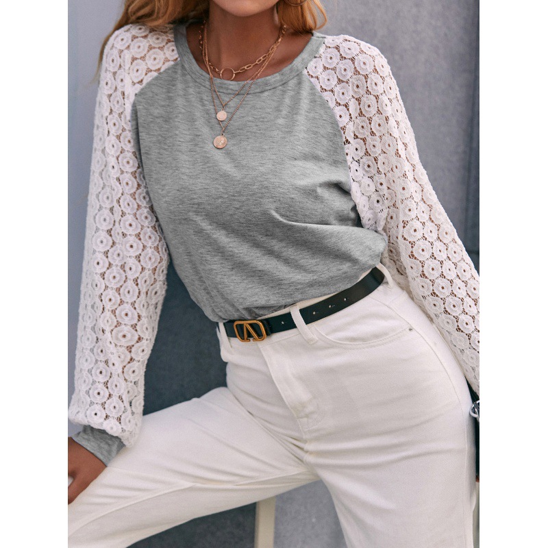 Hollow Lace Stitching Long-sleeved Round Neck Back T-shirt