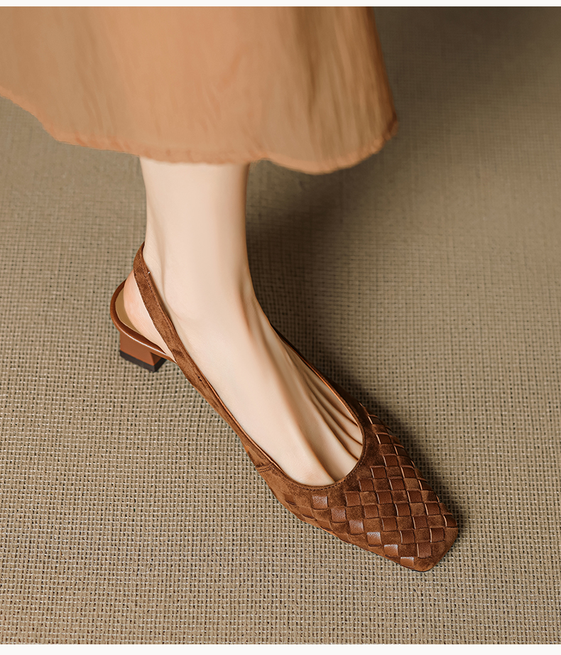 Women's Handmade Suede Woven Slingback Block Heel Sandals – front view