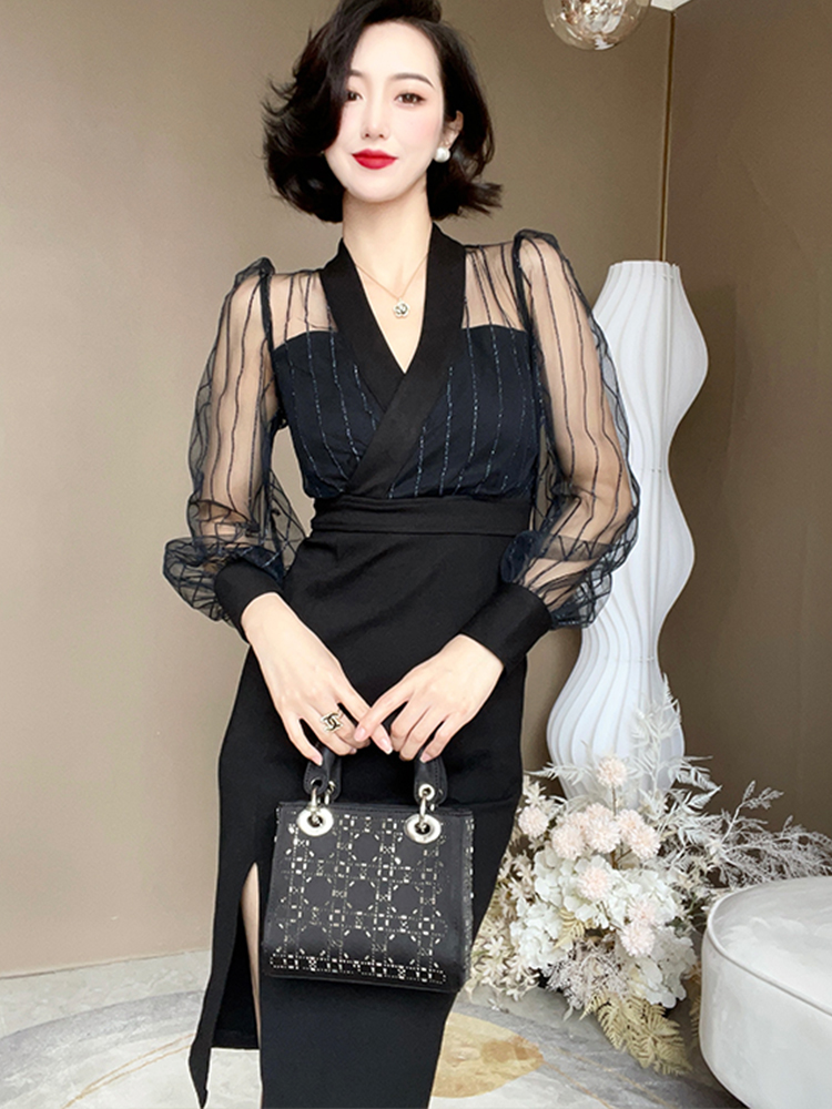 Mesh V-Neck Bodycon Dress, picture 3 of 7