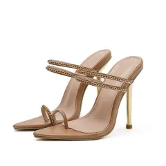 Metal Chain Pointed Toe Fashion High-heel Sandals And Slippers - Apricot - View 1
