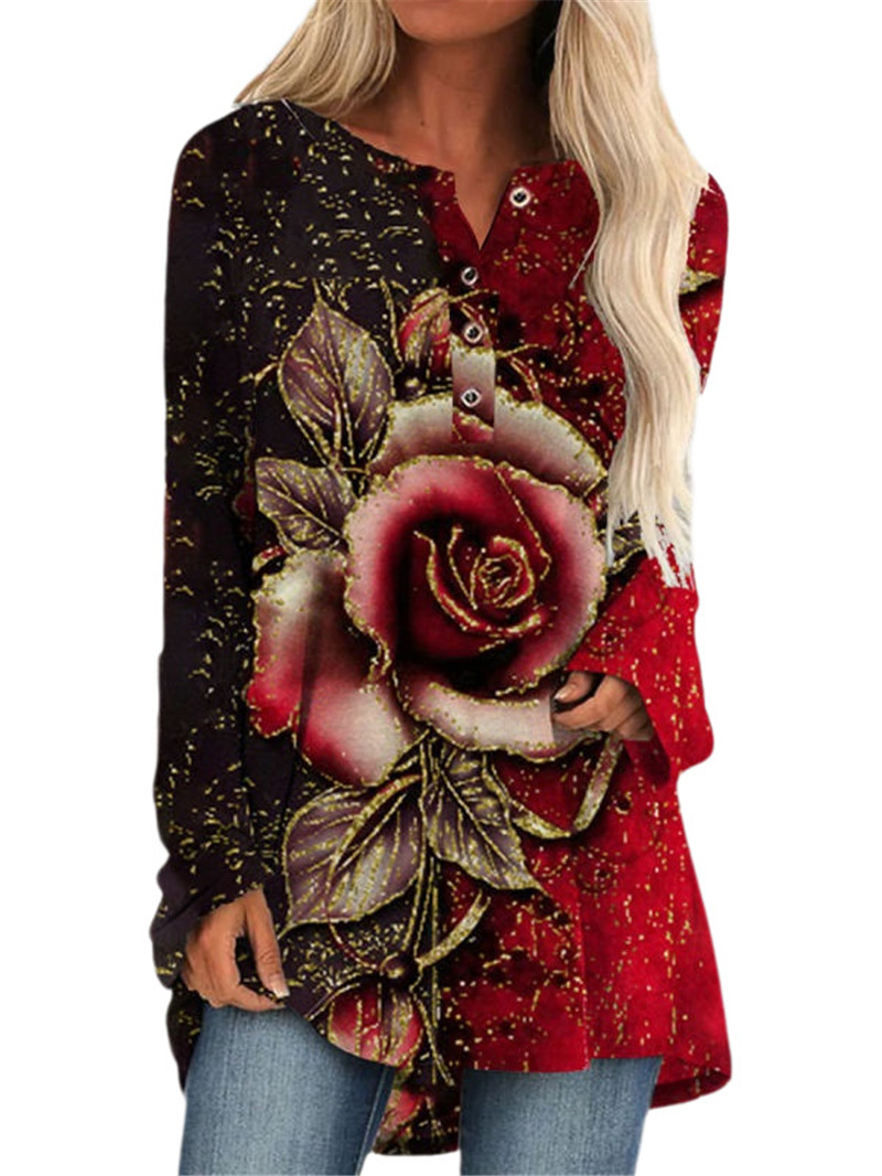 European And American Autumn And Winter New Women's Printed Snap Button Loose Mid-length Style