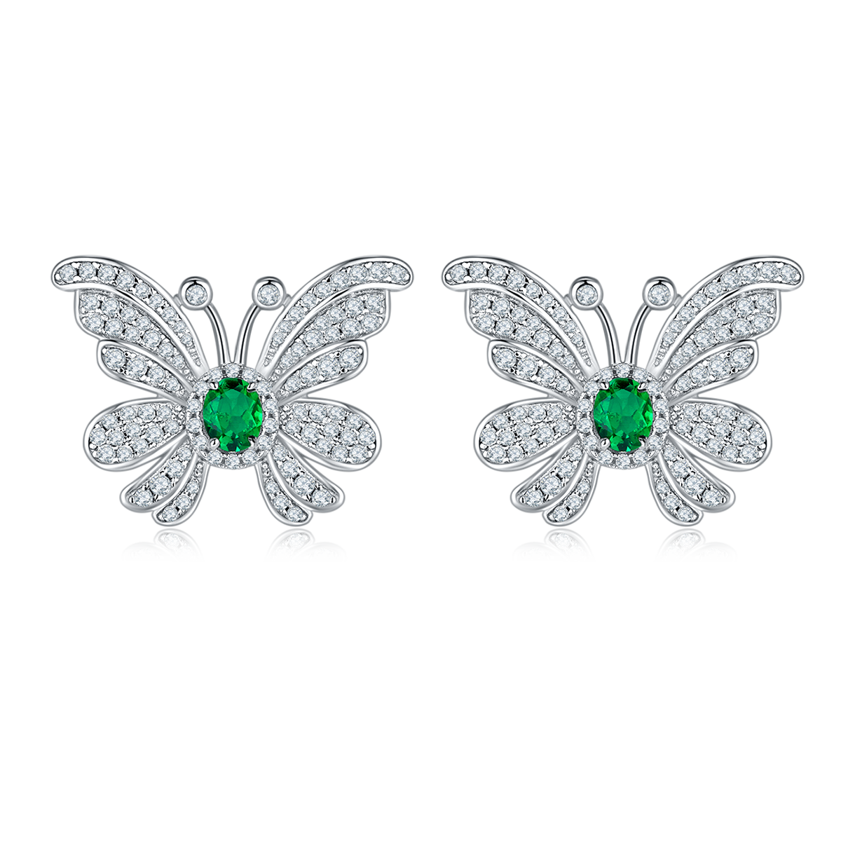 S925 Silver 6.6g Platinum Plated Butterfly Earrings, 0.39ct Lab-Created Emerald, Pair