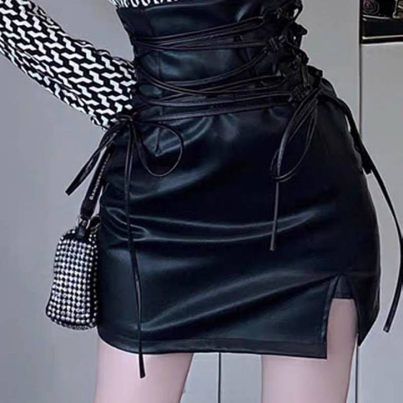 Title 3, Womens Strappy High Waist Slit Leather Skirt, ...