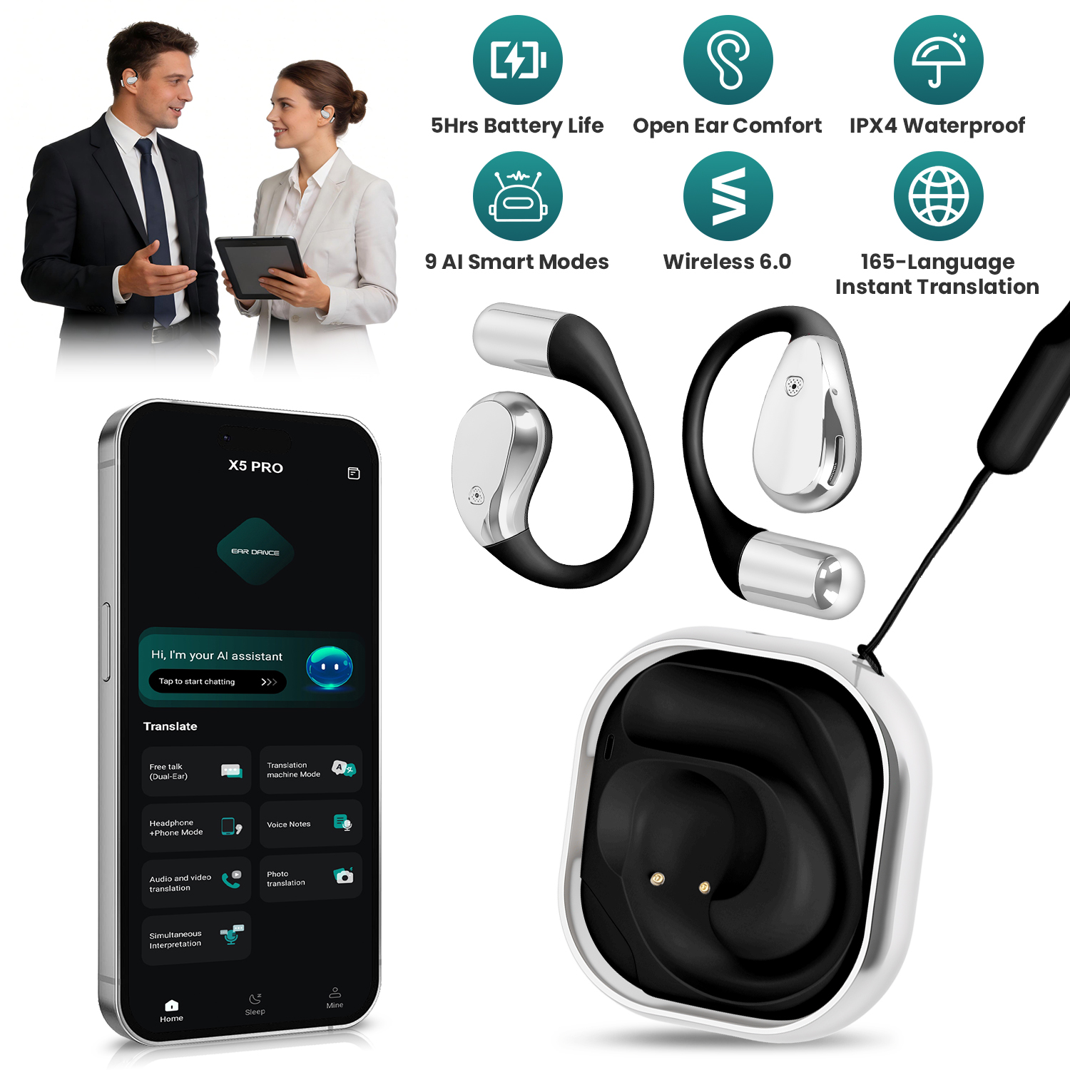 Open-Ear AI Translation Earbuds 165 Language Real Time AI Headphone Wireless 6.0 Translating Earbuds With 360 Degree Rotating Charging Case Lanyard Fo
