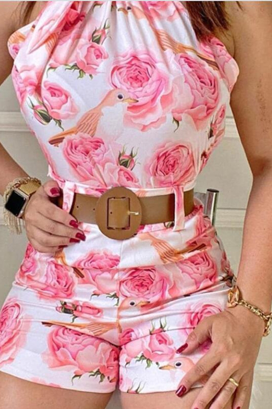 Floral Print Sleeveless Top High Waist Shorts Suit