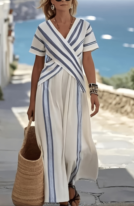 Santorini-style Long-sleeved Blue And White Striped Dress