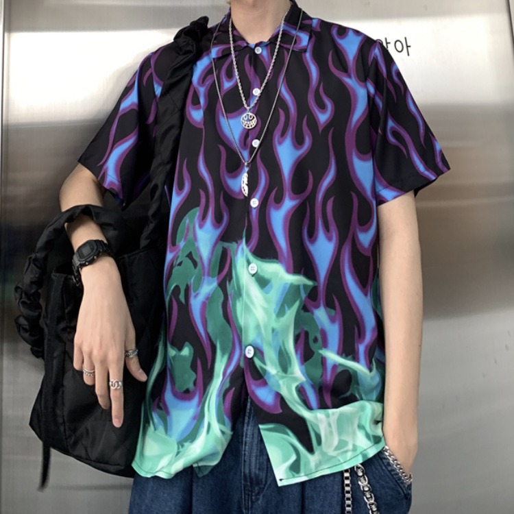 American Trend Hip Hop Flame Contrast Color Short Sleeve Shirt