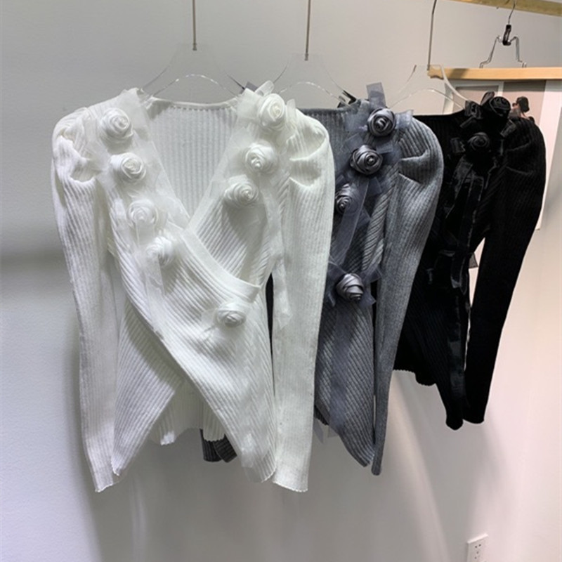 Elegant Pure Desire Lace Three-dimensional Rose Sweater