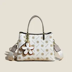 Printed Tote Bag With Flower Pendant New Temperament Shoulder Bag For Women Fashion Large-capacity Crossbody Bag - White - View 1